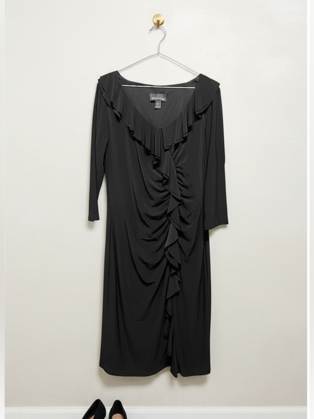 Frank Lyman Black Ruffle Faux Wrap Sheath Dress – Size 14